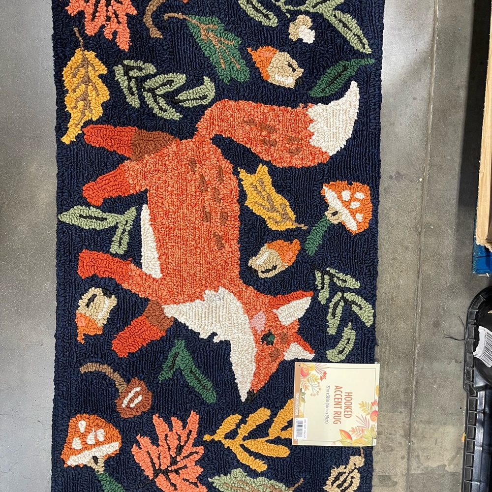 Brand New Handcrafted Halloween/ Fall Fox Hooked Accent Rug - Navy and Orange